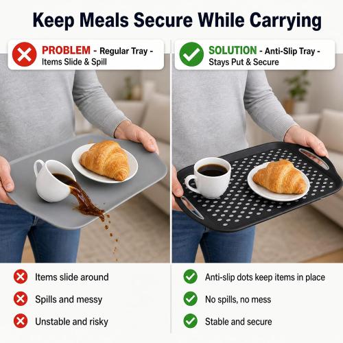 Large Nonslip Serving Tray with Handles, Silicone Grippy Dots Lap Food Trays for Eating, Dishwasher Safe Serve for Breakfast Dinner Snack Fruit Appetizers Beverage, Rectangular, Set of 2, Black