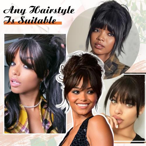 Yaki Straight Clip in Bangs with Temples for Black Women Natural Looking Synthetic Hair Fringe Hairpiece with 3 Secure Clips Kinky Straight Bangs Hair Extensions(Natural Black)