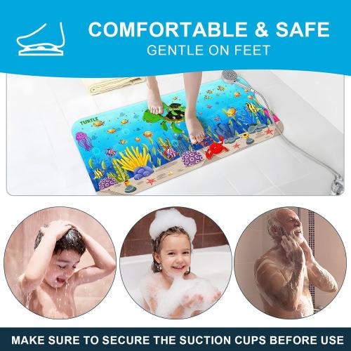 XIYUNTE Baby Bath Mat for Tub Non Slip Kids Bath Mat - 40''x16'' Extra Long Cartoon Bathtub Mat Non Slip Kids Shower Mat Eco-Friendly Toddler Bath Mats with Suction Cups, Machine Washable, Sea Turtle