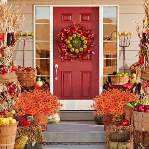 Artificial Fall Flowers Outdoor - Autumn Realistic Faux Plant , Weather-Resistant UV Protection, Perfect for Porch, patio, Garden, Window Box, and Planters Decor(Fall Orange)