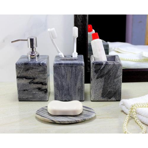 Bathroom Accessory Set Made from Natural Stone - Bath Accessories Set of 4 Includes Soap Dispenser, Toothbrush Holder, Tumbler and Soap Dish (Black)