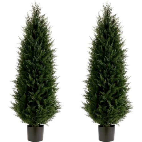 Artificial Topiary Tree Set of 2 Artificial Cedar Trees 4FT Uv Resistant Pine Potted Artificial Plants Outdoor Realistic Fake Plants Front Porch Decor Indoor Faux Cypress Trees