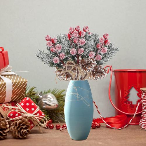 Christmas Pine Picks, 6inch Christmas Red Berry Picks Stems, Artificial Pine Cones Holly Stem Craft, Winter Holiday Flocked Holly Floral Picks for Crafts DIY Xmas Tree Ornaments