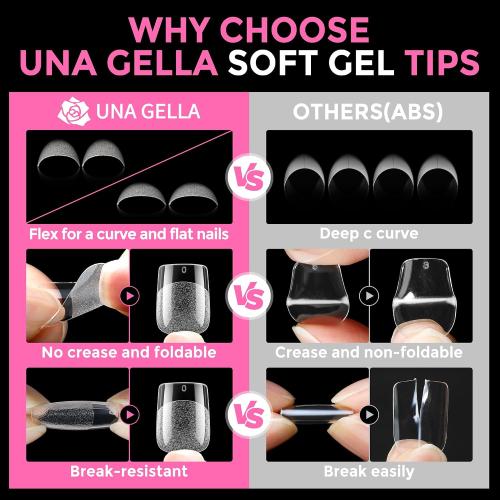 UNA GELLA Extra Short Square Nail Tips XS 216pcs Soft Gel Tips