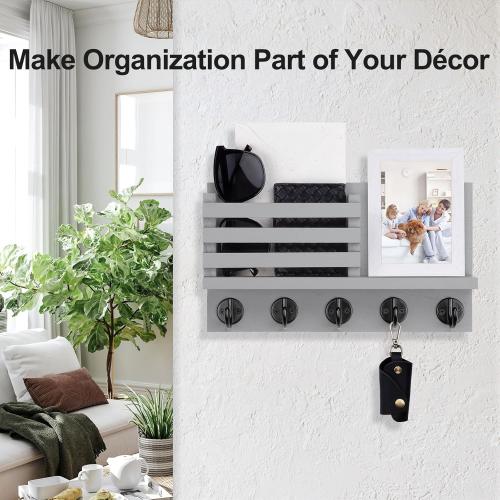 Key Holder for Wall – Decorative Wooden Mail Holder and Key Shelf with Mounting Hardware, Installation Guide – Paulownia Wood with 5 Metal Key Hooks (11.8” x 6.7” x 2.8”)