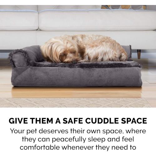 Cooling Gel Dog Bed for Medium/Small Dogs w/ Removable Bolsters & Washable Cover, For Dogs Up to 35 lbs - Plush & Velvet L Shaped Chaise - Platinum Gray, Medium