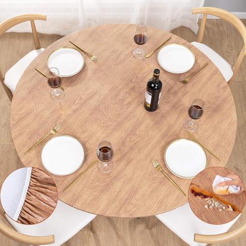 UMINEUX Round Fitted Vinyl Tablecloth with Elastic Edged & Flannel Backing, Waterproof Wipeable Round Table Cover for Indoor Outdoor Patio Use - Fits Tables up to 45 - 56 Diameter(Wood)