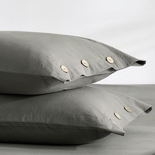 100% Washed Cotton Pillowcases, King, Button Closure