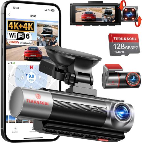4K 4K 1080P Dash Cam Front and Rear with Cabin, Free 128GB Card Included, WiFi 6 - up to 20MB/s, IR Night Vision, Built-in GPS, G-Sensor, 170°Wide Angle, 24H Parking Mode, Support 512GB Max