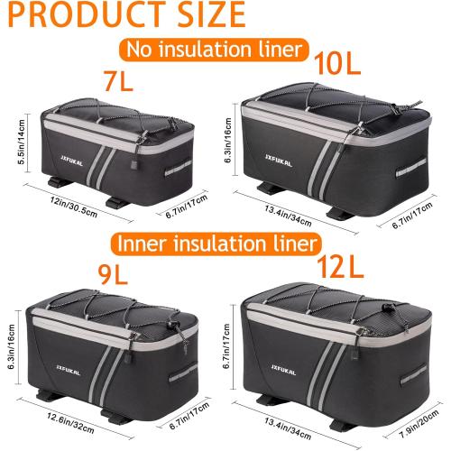 JXFUKAL Rear Bike Rack Bag with Rain Cover, 7L/9L/10L/12L Waterproof Bicycle Ebike Saddle Bag Cycling Pannier Trunk Carrier with Reflector & Adjustable Cord for Commuter Travel Outdoor