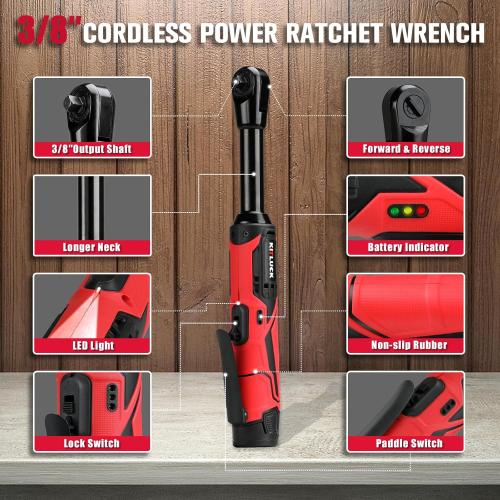KITLUCK Cordless Electric Ratchet Wrench Set, 3/8 12V Extended Power Ratchet Tool Kit, 41 Ft-Lbs Cordless Ratchet with 8 Sockets, 1/4 adapter, LED Light, 2-Pack 2000mAh Battery And Charger