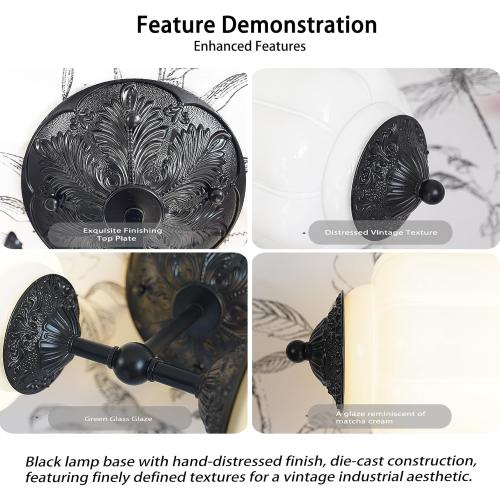 Vintage Milk Glass Bathroom Vanity Light - 2-Light Wall Sconce with Brass Finish Base & Green Glass Shade - Wall Sconce Lighting for Mirror, Kitchen, Living Room, Gallery (Bulbs Included) (white)