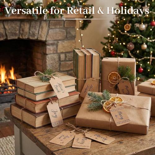 SallyFashion 100pcs Gift Tags with String Attached, 1.7 x 2.8 inch Kraft Paper Hang Tags for Clothes DIY Crafts Wedding Holiday (Brown)