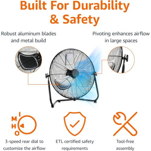Amazon Basics 20 High Velocity Industrial Fan, Floor Fan, with 3 Speeds, Tilt Hea tod, ETL-Listed Safety Compliance, Metal Housing/Blades, Ideal for Industrial/Commercial Space/Garage/Gym, 125W, Black