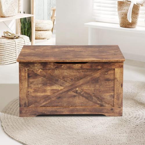 Brown 15.7 x 31.5 x 18.9 Storage Chest, Wooden Storage Bench, Entryway Shoes Bench with 2 Safety Hinges, Retro Storage Trunk for Living Room, Bedroom, 15.7 x 31.5 x 18.9 Inches, Rustic Brown