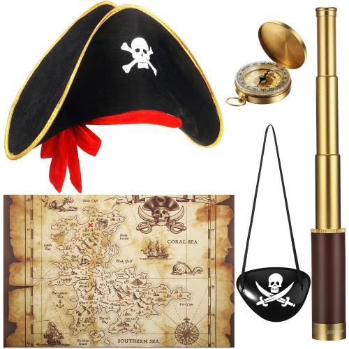 Pirate Monocular Telescope Treasure Map Pocket Compass Pirate Hat Skull Print Captain Costume, 5 Pcs Party Favors Costume Spyglass Kid Compass for Cosplay(Small)