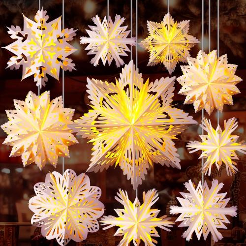 Baquler 12 Pcs Winter Paper Snowflake Lanterns with LED Light 19.7'' Large 3D Paper Star Lanterns Hanging Snowflake Lamps for Winter Weddings Holiday Party Decor (White)