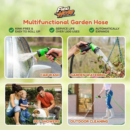 Flexi Hose Expandable Garden Hose with 8 Function Nozzle, 25FT - Lightweight Retractable Garden Hose, Water Hose - No-Kink Flexibility, 3/4 Inch Solid Brass Fittings and Double Latex Core