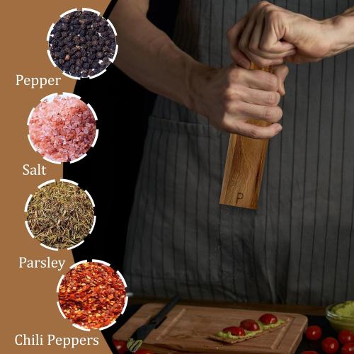 Wooden Salt And Pepper Grinder Set - 8″ Acacia Mills, Adjustable Ceramic Core, Refillable Wood Salt and Pepper Shakers With Tray, Spoon & Brush