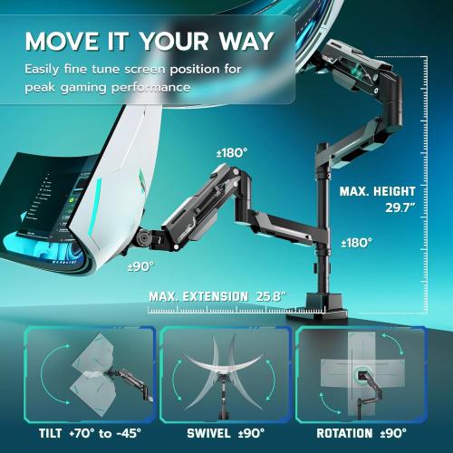 ARES WING Vertical Dual Monitor Mount - 24-57 Aluminum Heavy Duty Monitor Arms for 2 Monitors, Fully Adjustable Gas Spring Stacked Monitor Stand with 75/100/200 Vesa Mount, Black