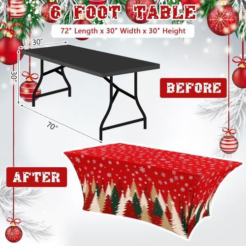 Oudain 2 Pcs Christmas Stretch Table Cover 6 Feet Red Green and Gold Xmas Spandex Table Clothes Christmas Trees Snowflake Party Decorations for Holiday Party Celebration Picnic Dinner Decor