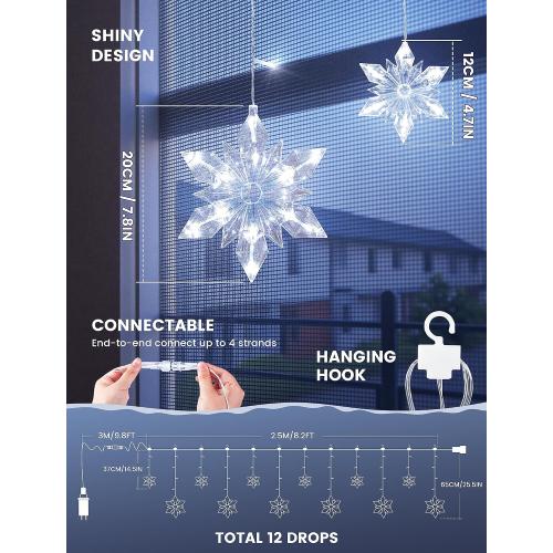 Snowflake Icicle Lights,8.2ft 144LED Curtain Fairy Light with 12 Drops,Connectable 8 Mode Timer Snowflake Christmas Lights Plug in for Bedroom,Window,Wedding,Indoor Outdoor Xmas Decor,White