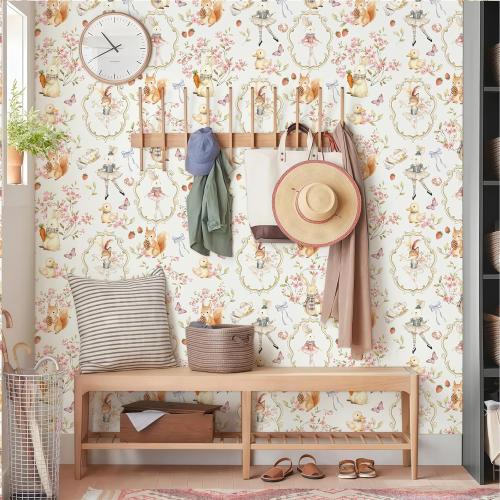 French Vintage Watercolor Peel and Stick Wallpaper, Whimsical Floral Self Adhesive Contact Paper with Ballet Bunny Squirrel Butterfly Strawberry 17.3in x 118in, Removable for Girls Nursery, Renter