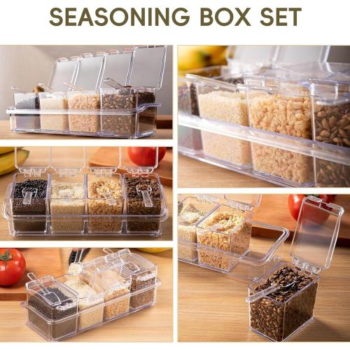 Clear Seasoning Box, 4 Pieces Seasoning Rack Spice Pots, Storage Container Condiment Jars Acrylic Seasoning Box with Covers and Spoons for Spice, Sugar, Salt, Sugar, Cardamon, Cinnamon