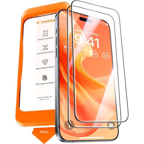 TORRAS Military-Grade Screen Protector for iPhone 15 Pro Max [9H  Aerospace Tempered Glass＆12FT Shatterproof ] One-Step Installation Full Coverage Fit Bubble Free Top-Notch Protection, 2 Pack