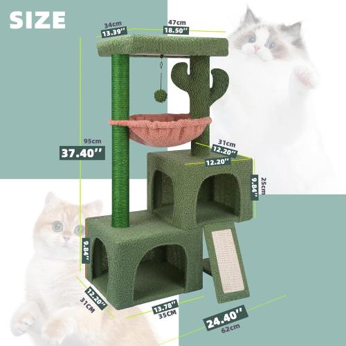 37.4 Cactus Cat Tree Tower with Twin Cat Condos for Indoor Cats, All-in-One Activity Center with Cat Scratching Post Cozy Sleeping Perch Hammock and Toy Balls,Green …
