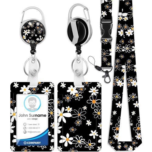 ID Badge Holder with Lanyard and Retractable Badge Reel Clip, Wild Flowers Floral Blossoms Card Name Tag Lanyard Vertical ID Protector Bage Clips for Nurse Nursing Doctor Teacher Student Black