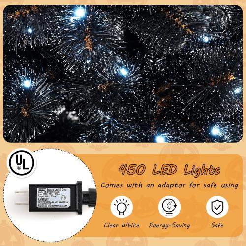 HAPPYGRILL 8 FT Pre-lit Black Christmas Tree, Artificial Halloween Tree w/860 Branch Tips, Frosted Pine Needles, 450 White LED Lights, Folding Metal Stand & Gloves, Hinged Xmas Tree for Carnival