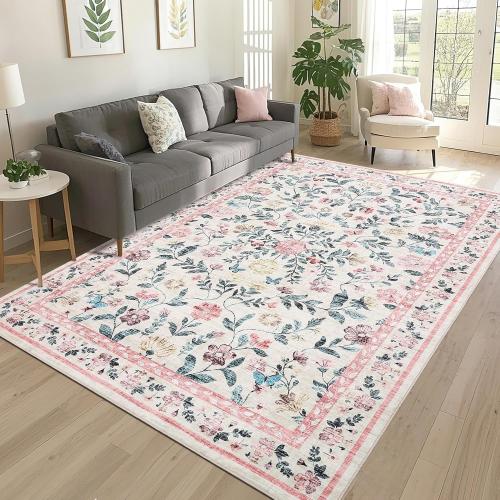 GarveeHome Washable Area Rug 9 x 12 Rug for Living Room, Non-Slip Non-Shedding Soft Vintage Rug, Low Pile Farmhouse Floral Carpet, Non-Shedding Indoor Foldable Printed Rug for Bedroom, Pink