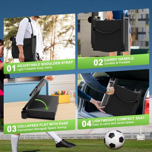 2 Pack, Black Stadium Seats with Back Support, Portable Bleacher Seat for Bleachers Hold up 400lbs, Wide Bleacher Seat with Shoulder Strap & Handle Perfect for Sports Events (Black, 2pcs)