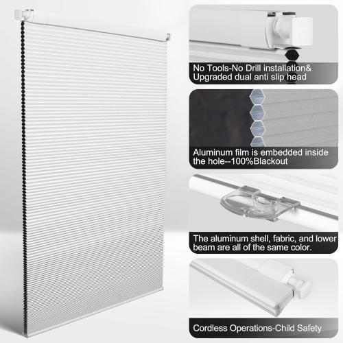 No Drill No Tools Blackout Cellular Shades Easy to Install for Indoor Windows Cordless Honeycomb Blinds Noise Reduction Thermal Insulated,White,34.5 W x 64 H