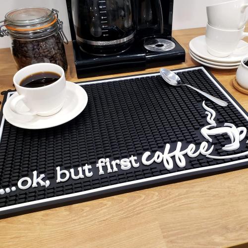 New Mungo Coffee Bar Mat – “Ok But First Coffee” – Spill-Proof PVC Coffee Station Mat, Non-Slip Countertop Protector 18x12