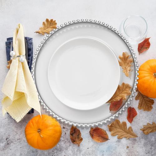 Tioncy 12 Set Clear Charger Plates Bulk Beaded Plastic Charger Plates 13 Inch, Napkin Rings, Acrylic Round Dinner Table Decorative Plate for Wedding Party Event (Clear and Silver)