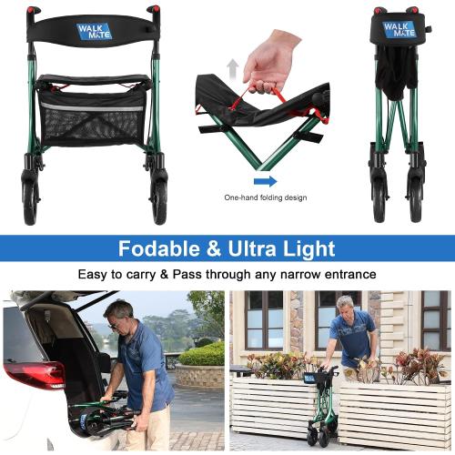 WALK MATE Rollator Walker for Seniors with Cup Holder, Upgraded Thumb Press Button for Height Adjustment, 4 x 8 Wheels Walker with Seat Padded Backrest Folding Lightweight Walking Aid, Green
