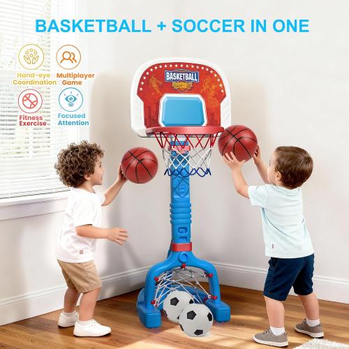 Toddler Basketball Hoop Indoor, Adjustable Kids Basketball Hoop and Soccer Goal for Ages 1-3 3-5, Portable Mini Basketball Hoop Set with 4 Balls for Boys Girls Child Indoor Outdoor Poolside MAY HAVE MISSING ACCESSORIES