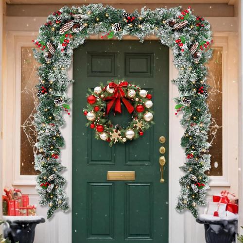 9ft Flocked Pre-Lit Artificial Christmas Garland,Christmas Tree Garland,Flocked Xma Tree Garland with Lights, Pine Cones, Red Berries, Branch Tips,Berry Clusters, Plug in