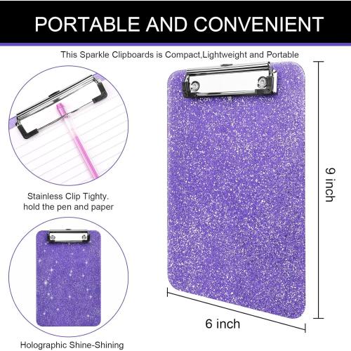 1 PCS A5 Size Clipboards,Size 6 x 9in ClipBoard,Glitter Clipboard with Low Profile Clip,Sparkle Plastic Clipboard,Cute Hanging Clip Board for Office Supplies Clipboards for Kids Clip Boards-Purple