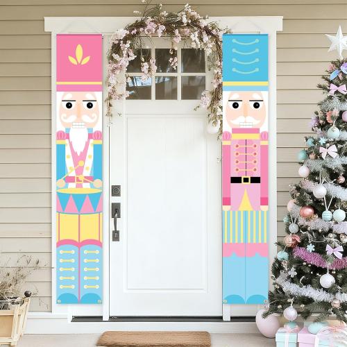 2 Pcs Nutcracker Christmas Porch Banner Decorations Pink Nutcracker Sign, Pastel Christmas Welcome Sign for Front Door 12 x 71 Candyland Xmas Door Hanging Banner Soldier Model Decor for Xmas