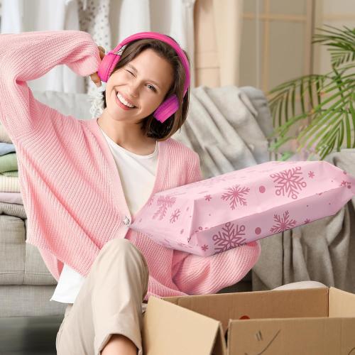 Metronic Cute Poly Mailers 14.5x19 50Pcs Shipping Bags for Clothes, Self Adhesive Snowflake Pink Shipping Envelopes for Small Business, Waterproof Packaging Mailing Bags for Holiday Gifts