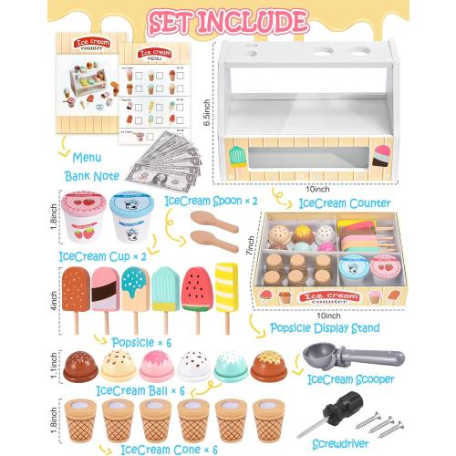 Toyssa Wooden Ice Cream Toys Kids Pretend Play Store Toys for Toddlers Girls 3 4 5 6, Wooden Food Christmas Birthday Gifts Play Kitchen Accessories for 2 3 4 5 Year Old Girls Boys