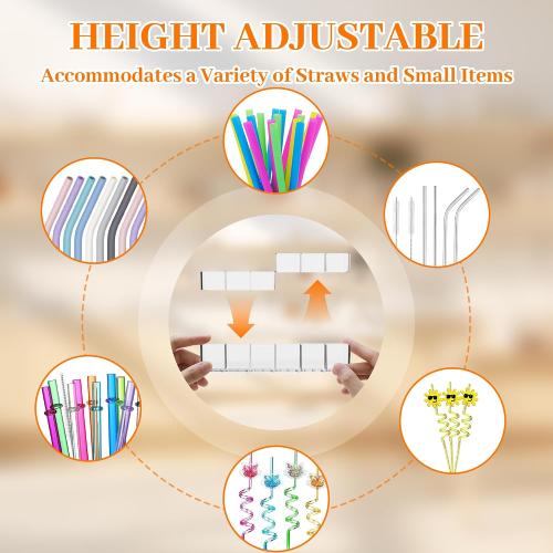 Upgraded 9.84 Large Straw Holder for Cabinet Door, 3-Part Adjustable Straw Organizer Storage with Strong Adhesive Double-sided Tape, Ultra Sticky Under-Cabinet Mount Storage (Transparent)