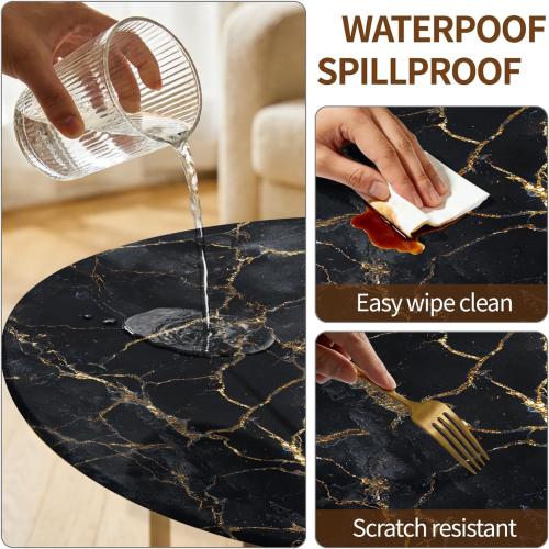 Round Fitted Tablecloth with Elastic Edge Design Table Cover Waterproof Stain-Resistant Wipeable Table Cloth Best for 45-48 Round Tables for Outdoor/Indoor Black Marble