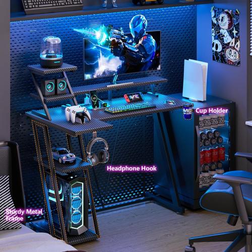 40 Inch Black Carbon Fiber Gaming Desk with LED Lights & Power Outlet, Small Gaming Computer Desk with Storage Shelves, L Shaped Gamer Workstations with Monitor Stand for Bedroom