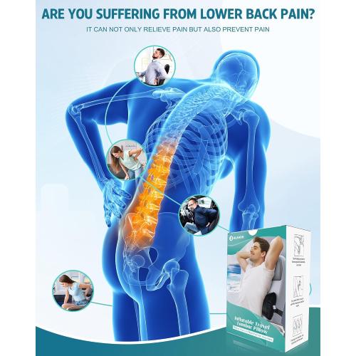 Inflatable Lumbar Pillow for Airplane Travel Lumbar Support Pillow for Car, Office Chair Back Support Office Chair Back Support for Reducing Lower Back Pain (Black)