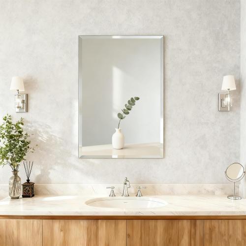 Beveled Bathroom Mirror for Wall, Rectangle Frameless Wall Mirror 24 x 16 Inch for Vanity Living Room Entryway Bedroom, Tempered Glass, Shatterproof, Hangs Horizontally or Vertically