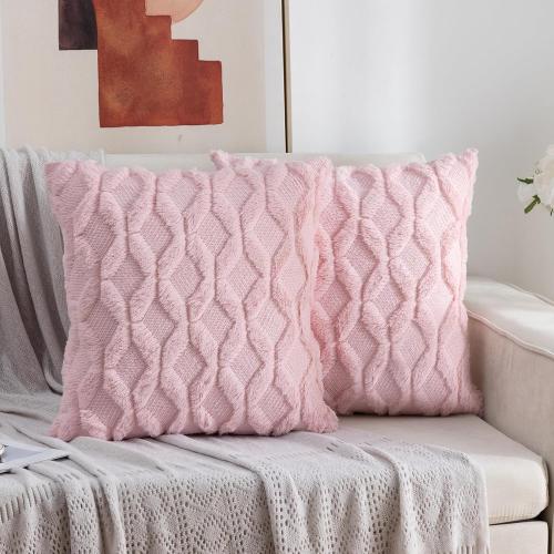 Faux Wool Throw Pillow Covers 18 x 18 Inch Set of 2 Boho Soft Plush Short Wool Pillowcase Square Cushion Case for Sofa Living Room, Light Pink